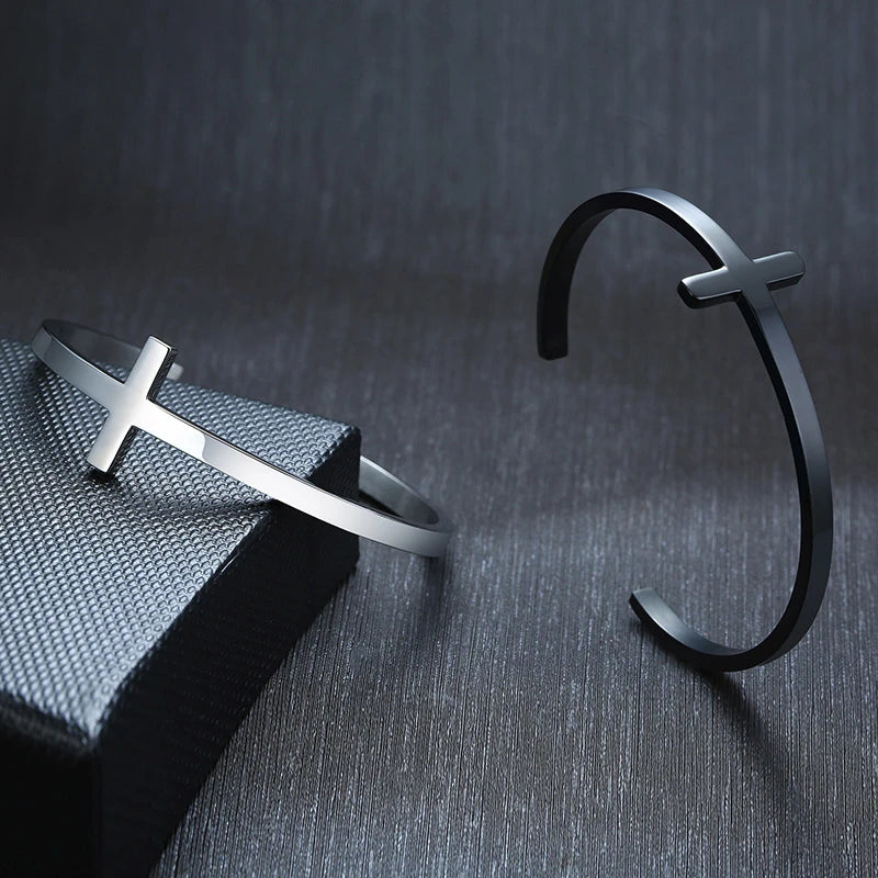 Pulsera de hombre con cruz lateral, pulsera religiosa de acero inoxidable, joyería cristiana para hombre