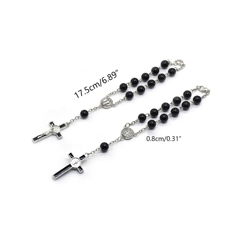 Pulsera Rosario Católica con Cruz y Cuentas Negras