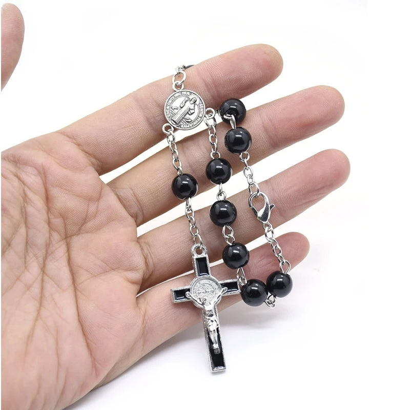 Pulsera Rosario Católica con Cruz y Cuentas Negras