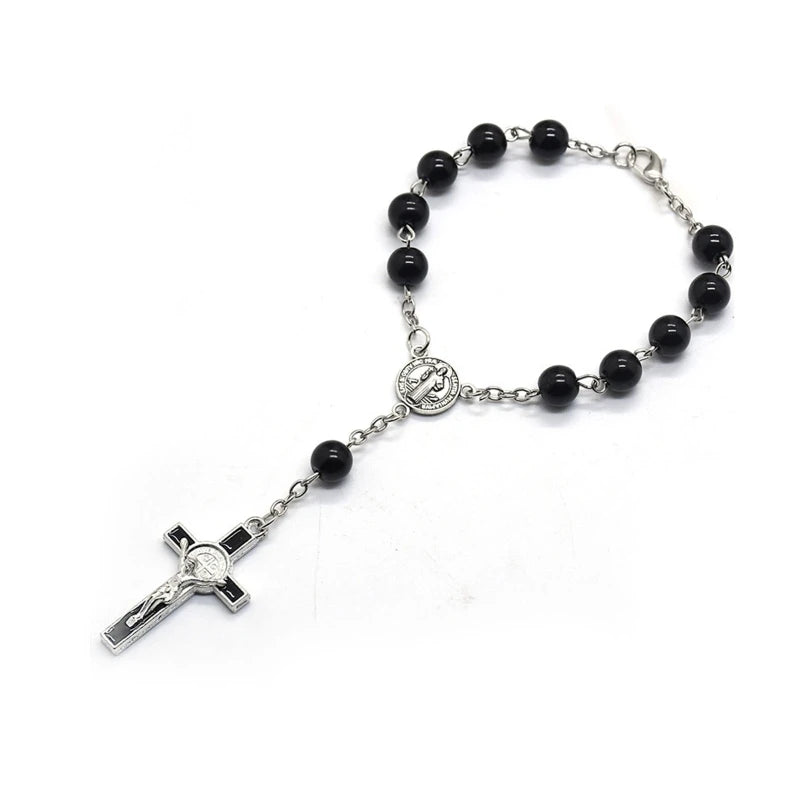 Pulsera Rosario Católica con Cruz y Cuentas Negras