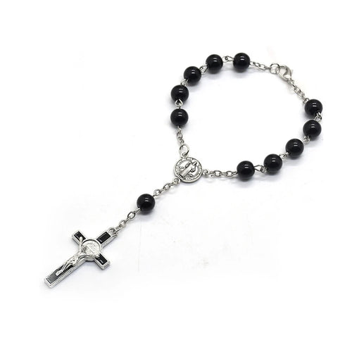 Pulsera Rosario Católica con Cruz y Cuentas Negras