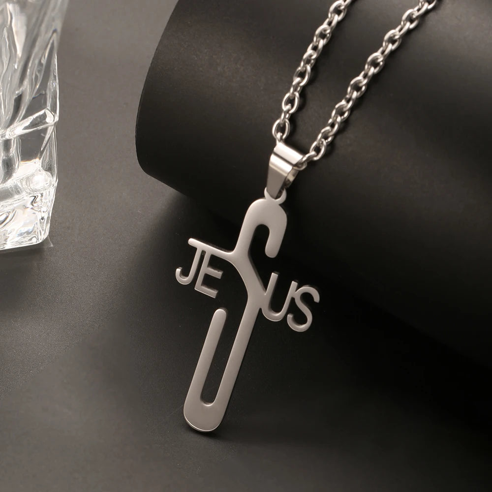 Collar de acero inoxidable minimalista espiritual para hombre con cruz de Jesús