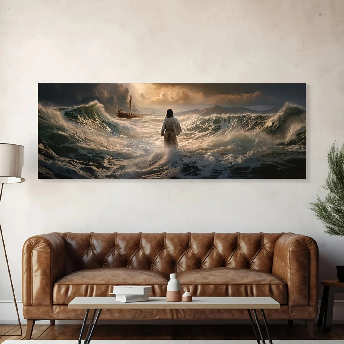 1 lámina decorativa de Jesús caminando sobre el agua - Sin marco, orientación transversal, decoración clásica cristiana para pared, inspiradora