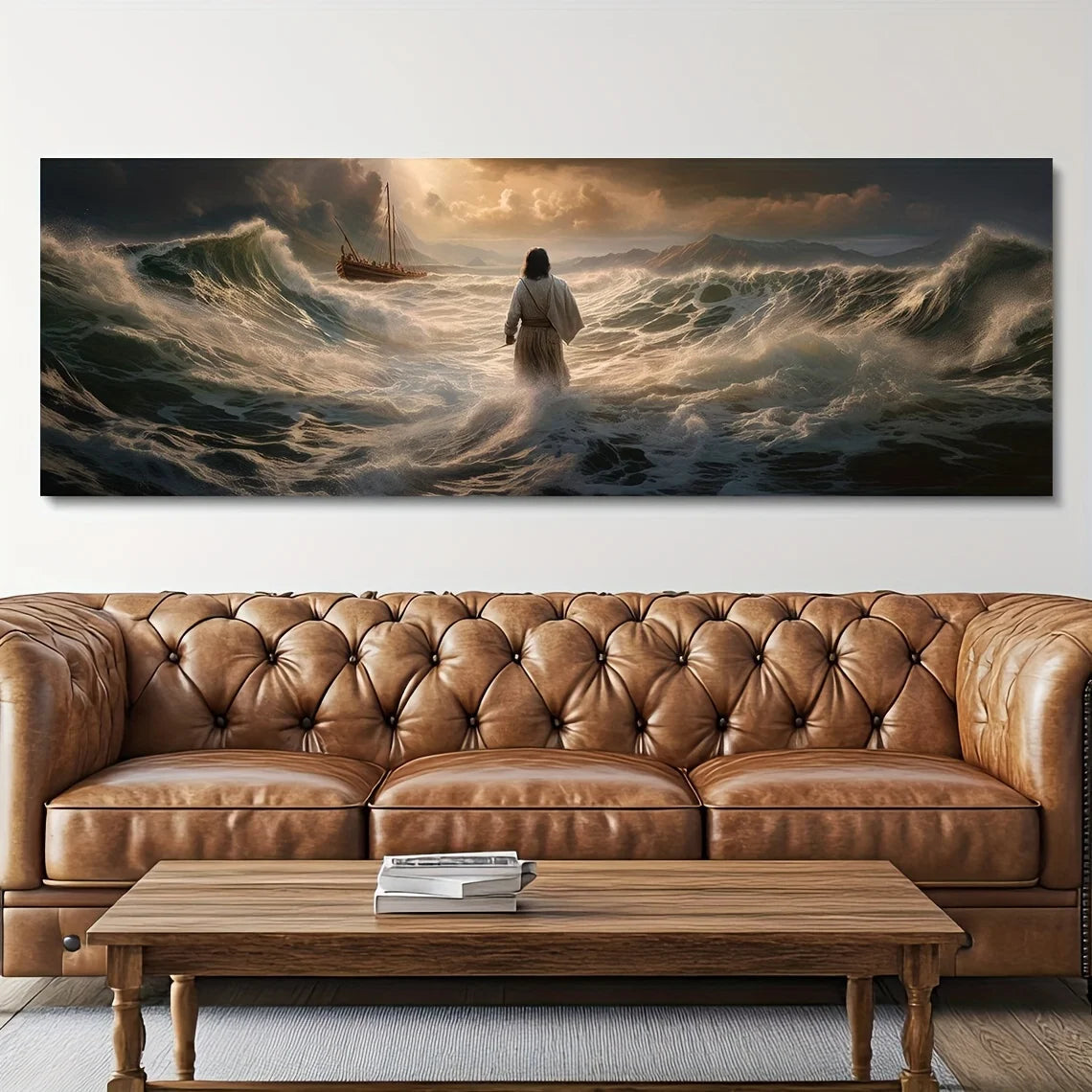 1 lámina decorativa de Jesús caminando sobre el agua - Sin marco, orientación transversal, decoración clásica cristiana para pared, inspiradora