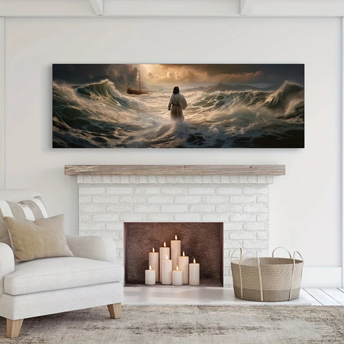 1 lámina decorativa de Jesús caminando sobre el agua - Sin marco, orientación transversal, decoración clásica cristiana para pared, inspiradora