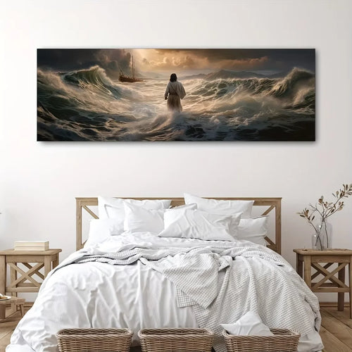 1 lámina decorativa de Jesús caminando sobre el agua - Sin marco, orientación transversal, decoración clásica cristiana para pared, inspiradora
