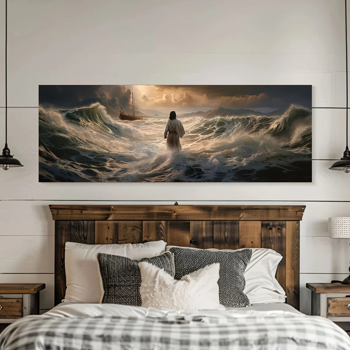 1 lámina decorativa de Jesús caminando sobre el agua - Sin marco, orientación transversal, decoración clásica cristiana para pared, inspiradora