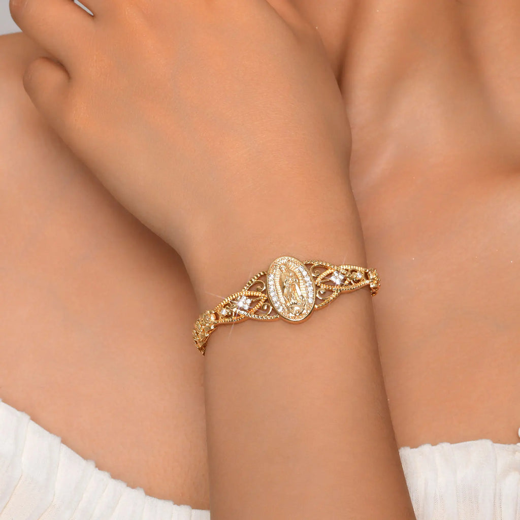 Pulsera de la Virgen de Guadalupe para mujer, brazalete católico con circonitas, ideal para bautismos, hipoalergénica y resistente al deslustre.