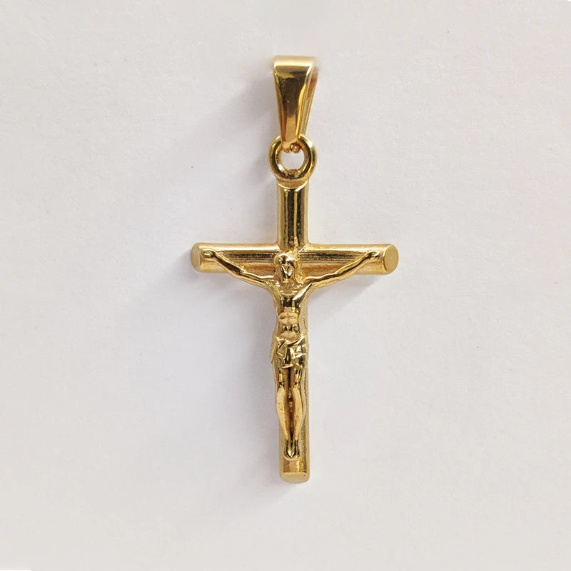Collar con colgante de cruz de Jesús en acero inoxidable chapado en oro de 18 quilates para hombre y mujer, joyería religiosa impermeable.
