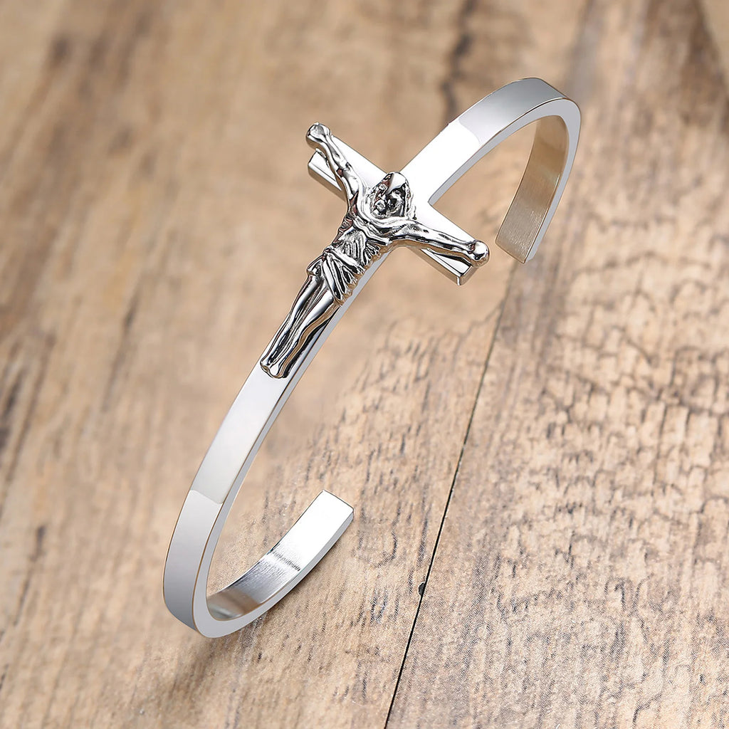 Pulsera de hombre con cruz lateral, pulsera religiosa de acero inoxidable, joyería cristiana para hombre