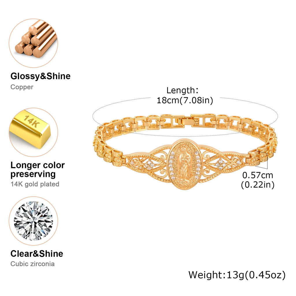 Pulsera de la Virgen de Guadalupe para mujer, brazalete católico con circonitas, ideal para bautismos, hipoalergénica y resistente al deslustre.