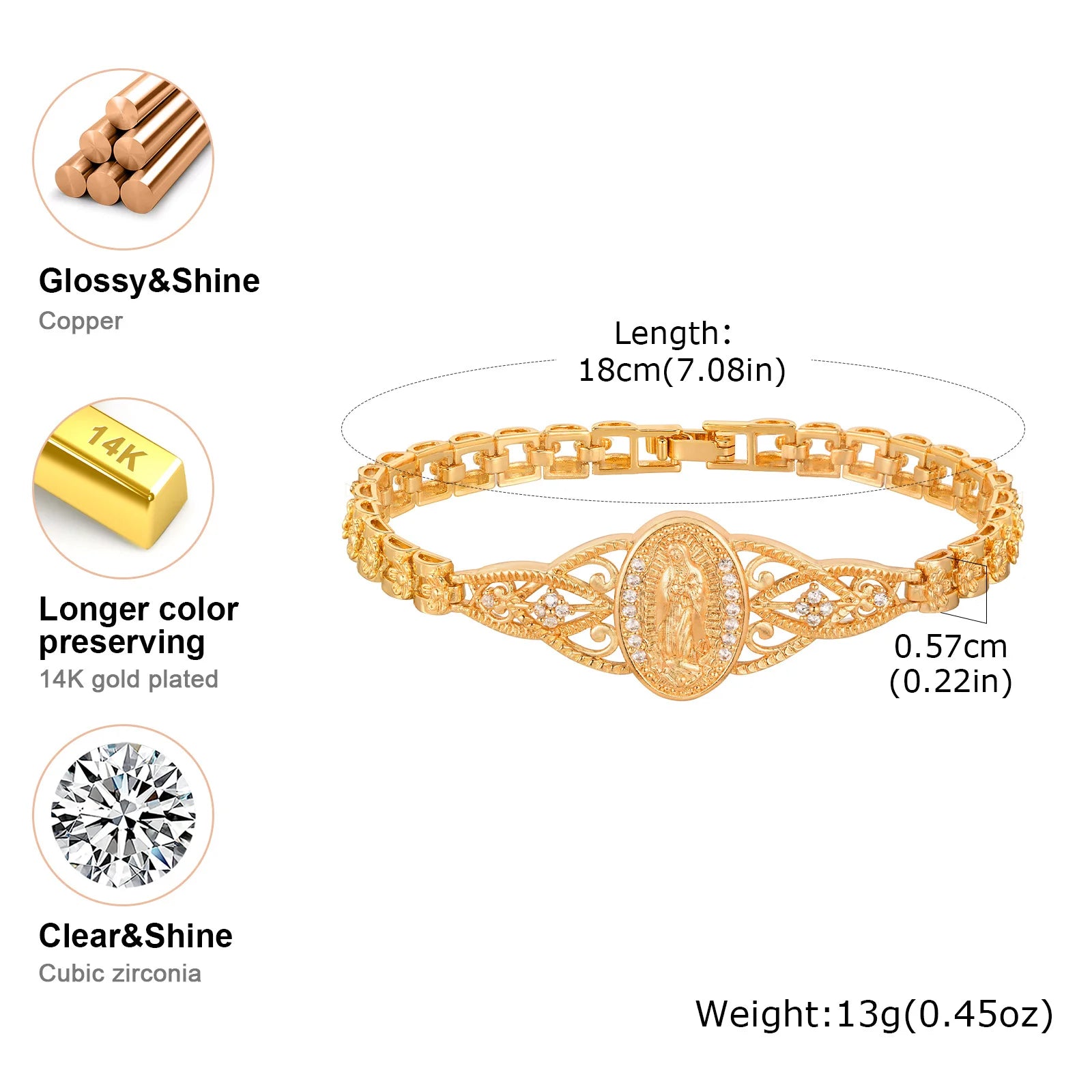Pulsera de la Virgen de Guadalupe para mujer, brazalete católico con circonitas, ideal para bautismos, hipoalergénica y resistente al deslustre.
