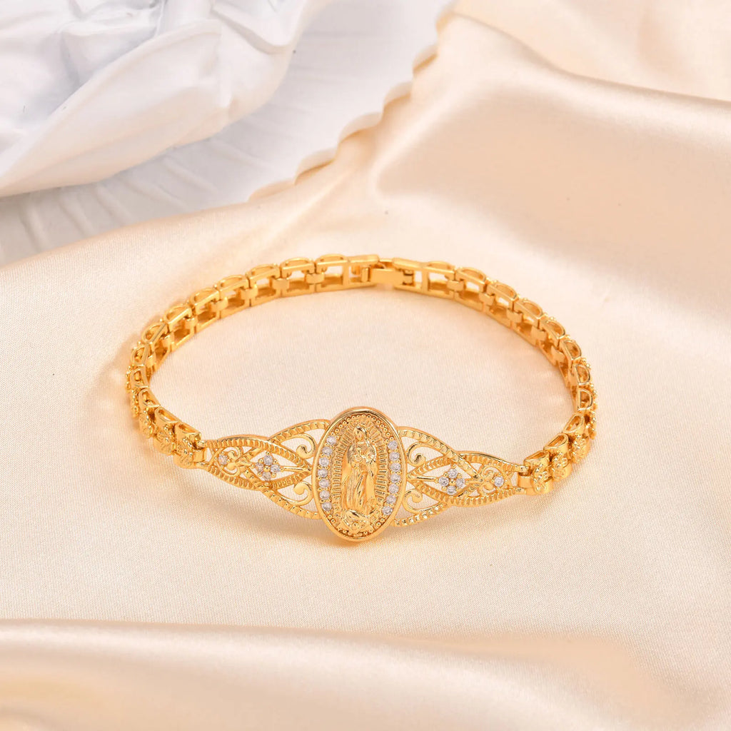 Pulsera de la Virgen de Guadalupe para mujer, brazalete católico con circonitas, ideal para bautismos, hipoalergénica y resistente al deslustre.