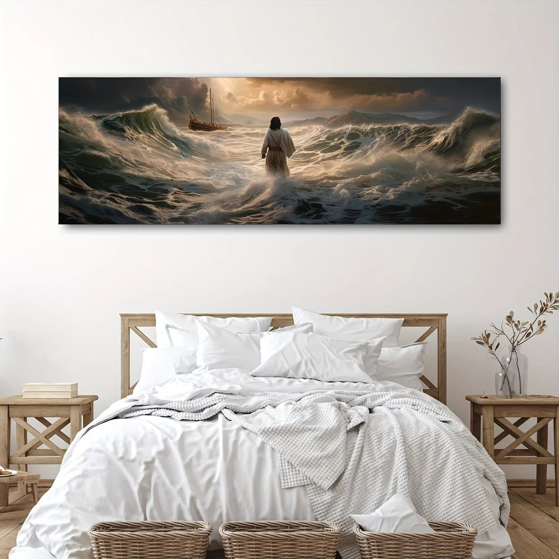 1 lámina decorativa de Jesús caminando sobre el agua - Sin marco, orientación transversal, decoración clásica cristiana para pared, inspiradora
