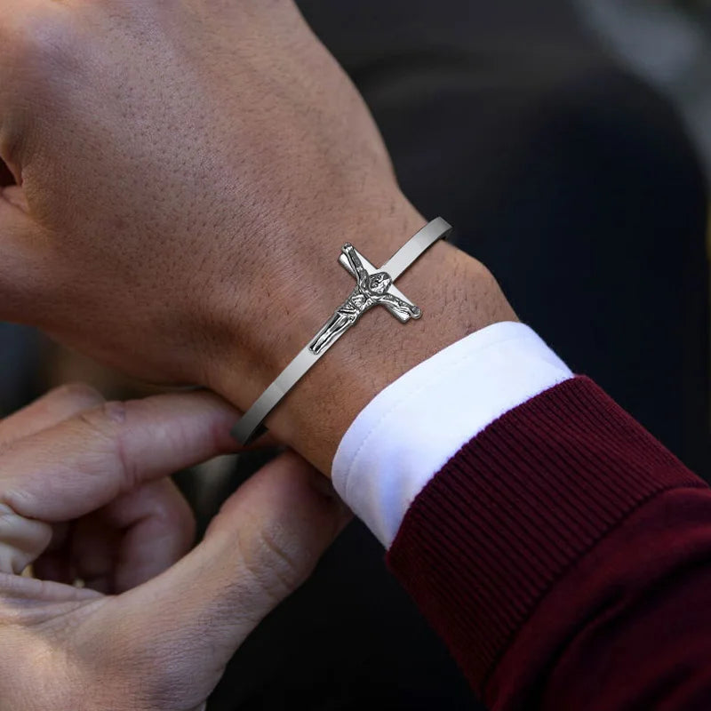 Pulsera de hombre con cruz lateral, pulsera religiosa de acero inoxidable, joyería cristiana para hombre