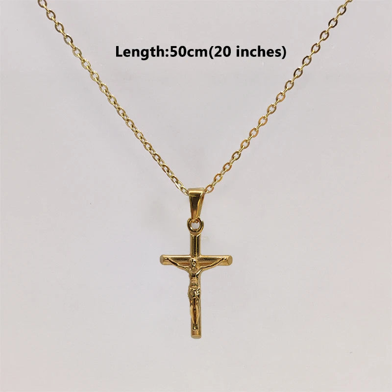 Collar con colgante de cruz de Jesús en acero inoxidable chapado en oro de 18 quilates para hombre y mujer, joyería religiosa impermeable.