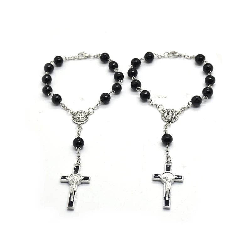 Pulsera Rosario Católica con Cruz y Cuentas Negras