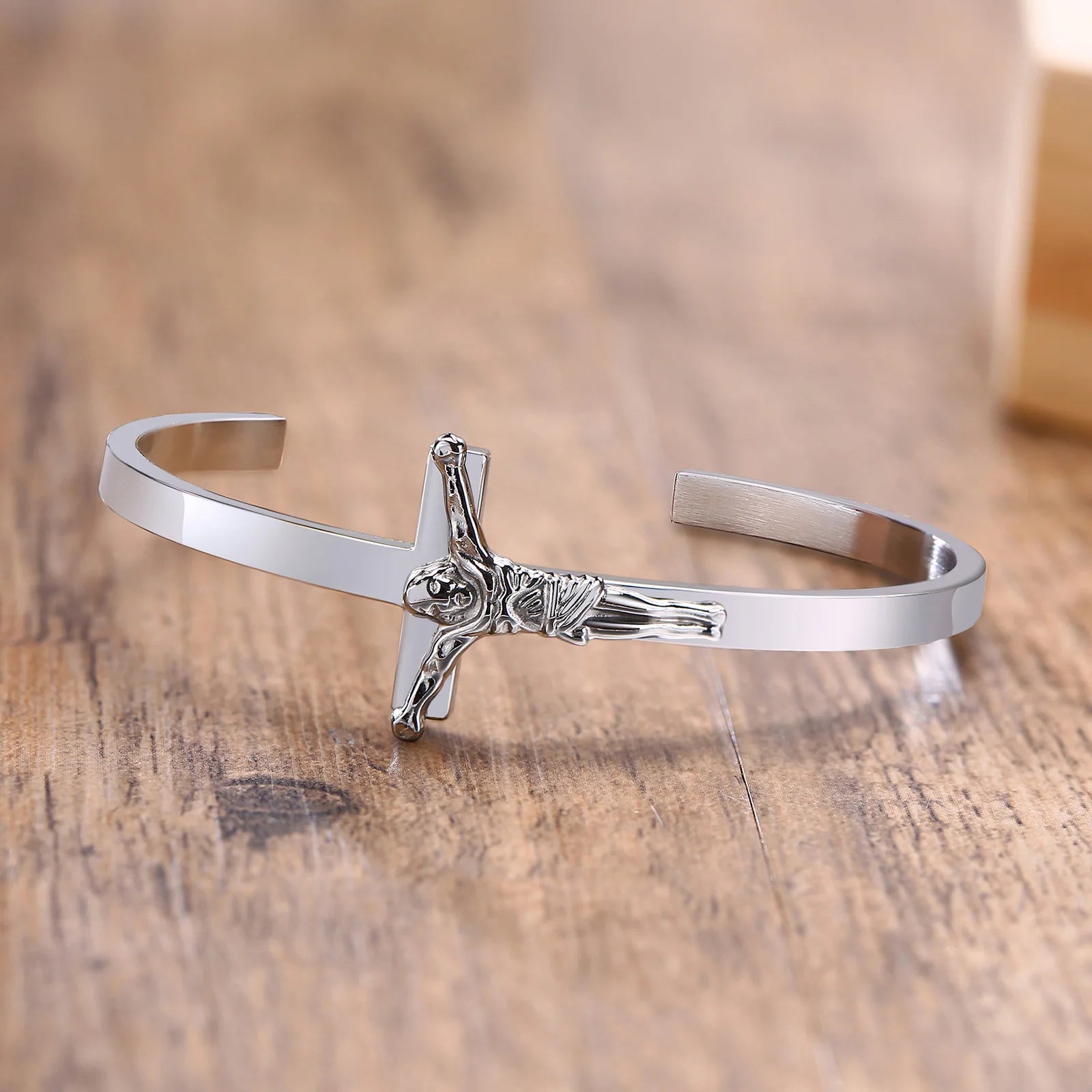 Pulsera de hombre con cruz lateral, pulsera religiosa de acero inoxidable, joyería cristiana para hombre